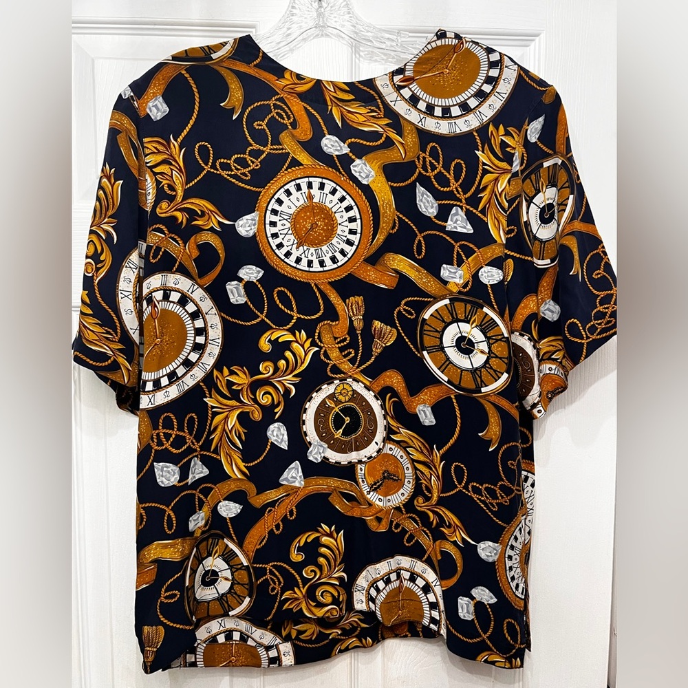 Vintage August Silk Blue and Gold Clock Print Shirt size L